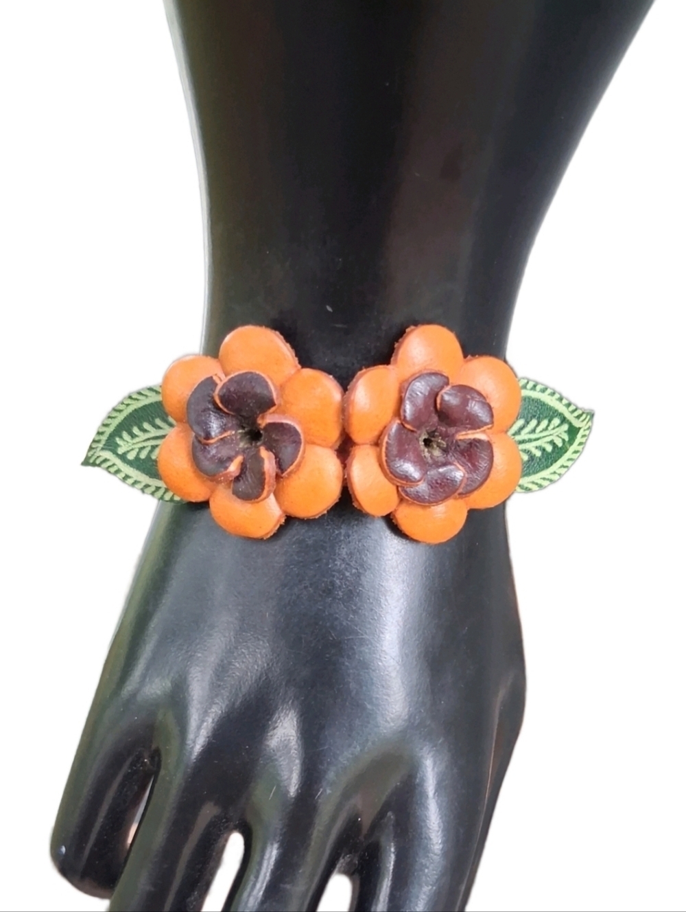 Vintage Handcrafted Tooled Leather Floral Bracelet | Boho Leaf Cuff